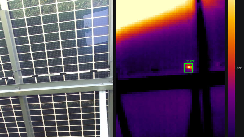 Paired visual and thermal image of a utility-scale solar module with a detected hotspot